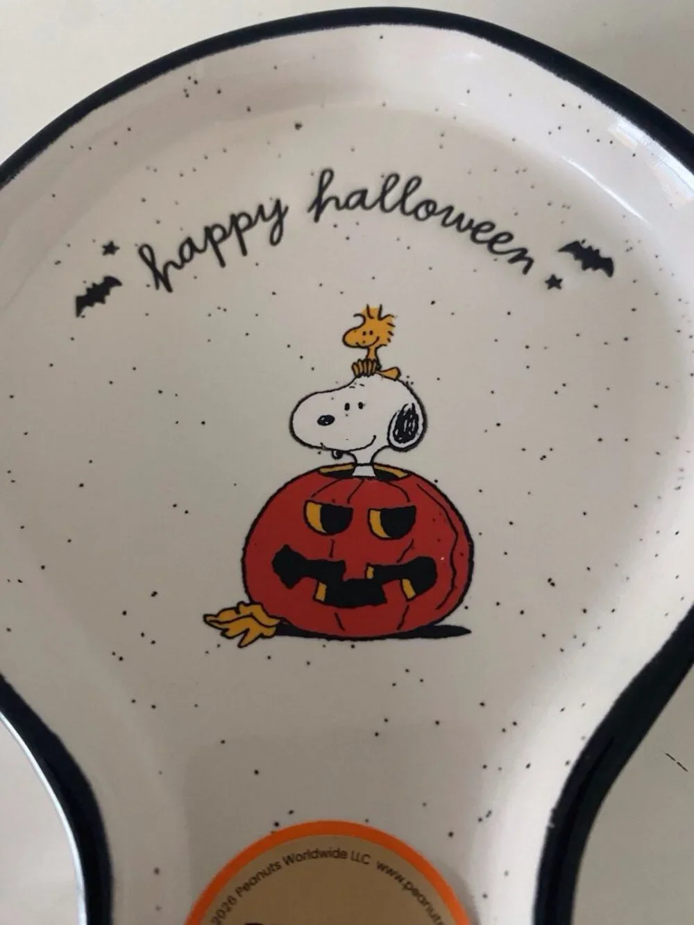 Rae Dunn Peanuts Snoopy & Woodstock Happy Halloween Ceramic Spoon Rest Pumpkin